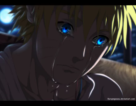 HD anime desktop wallpaper featuring a close-up of Naruto Uzumaki with glowing blue eyes, capturing a dramatic and emotional moment from the Naruto series.
