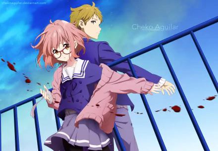 4K Ultra HD anime wallpaper featuring Akihito Kanbara and Mirai Kuriyama from Beyond the Boundary, set against a vibrant blue sky with railing and floating red petals.