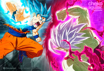 HD desktop wallpaper featuring Super Saiyan Blue Goku clashing with Zamasu from Dragon Ball Super. Both characters are surrounded by vibrant energy auras, showcasing an intense battle scene from the anime.