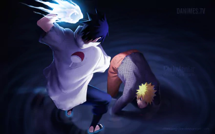 4K Ultra HD anime desktop wallpaper featuring Naruto Uzumaki and Sasuke Uchiha from Naruto, depicted in dynamic action poses with vivid lighting effects.