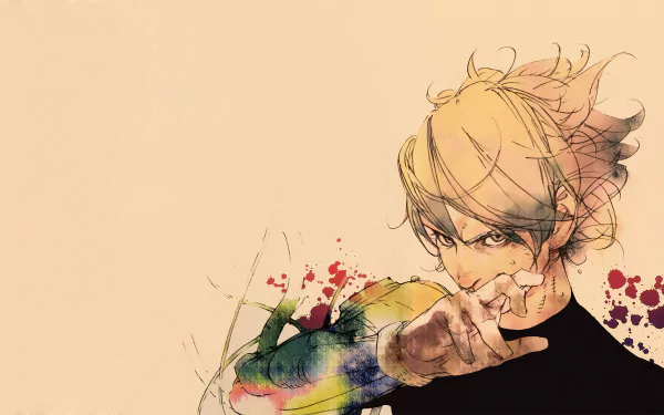 HD PC desktop wallpaper featuring a manga-style illustration from the anime Levius, showcasing a character with flowing hair and dynamic, colorful brush strokes.