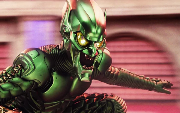 HD PC desktop wallpaper: the Green Goblin from the Spider-Man movie — armored, snarling and lunging forward against a blurred urban background.
