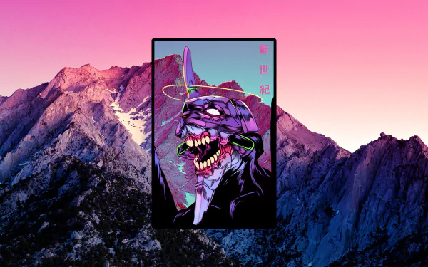 HD desktop wallpaper featuring a stylized image from Neon Genesis Evangelion with a vivid portrayal of a character against a rugged mountain backdrop.