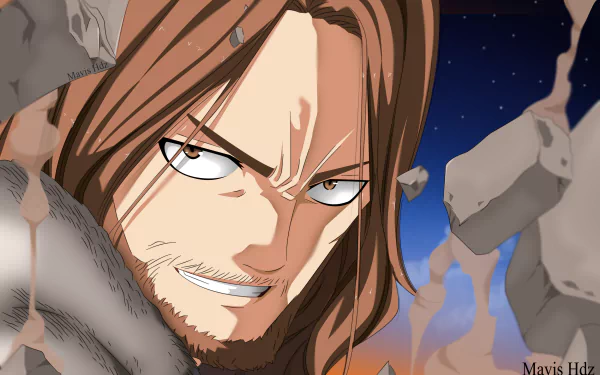 Gildarts Clive from Fairy Tail — intense anime close-up with flying rubble and a starry sky, HD PC desktop wallpaper background.