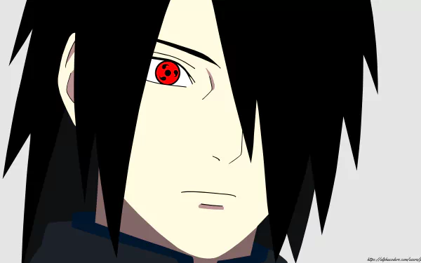 Minimalist 8K Ultra HD anime wallpaper featuring Sasuke Uchiha with black hair and Sharingan eyes from Naruto, showcasing bold, clean lines and vibrant colors.