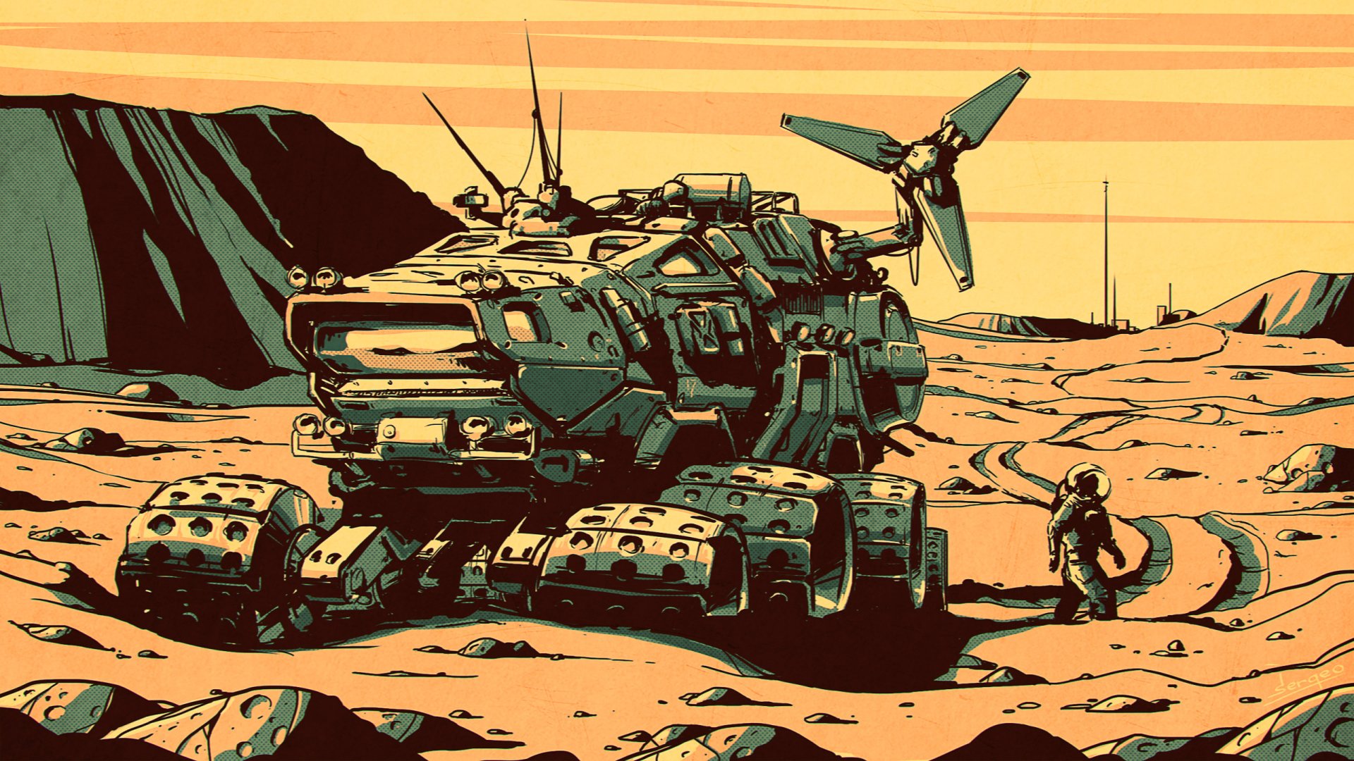 Stylized sci‑fi 2K Quad HD PC wallpaper showing an astronaut beside a heavy multi‑wheeled exploration vehicle on a rocky, orange-striped alien plain.