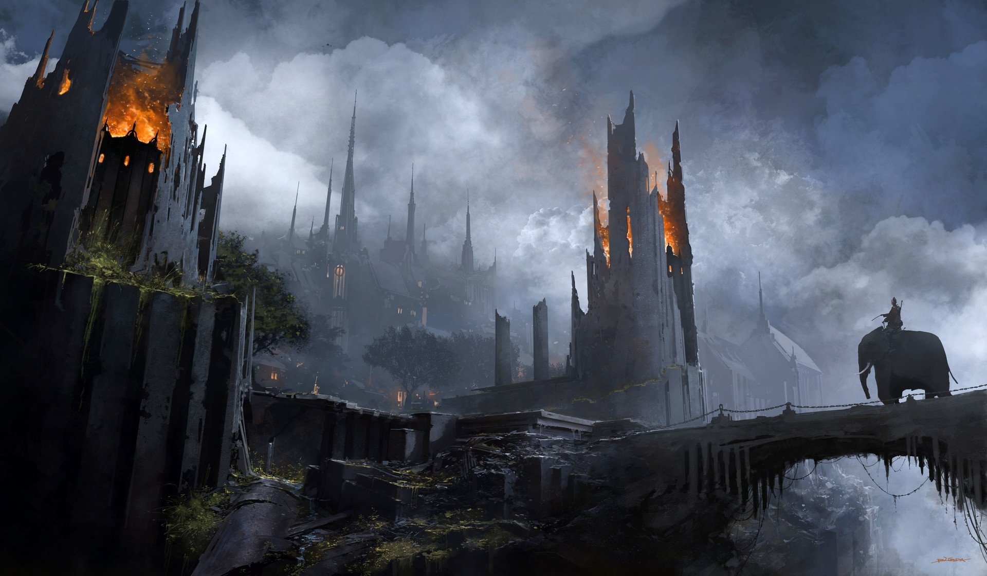 A HD fantasy desktop wallpaper featuring a dramatic, cloudy cityscape with an elephant on a bridge.