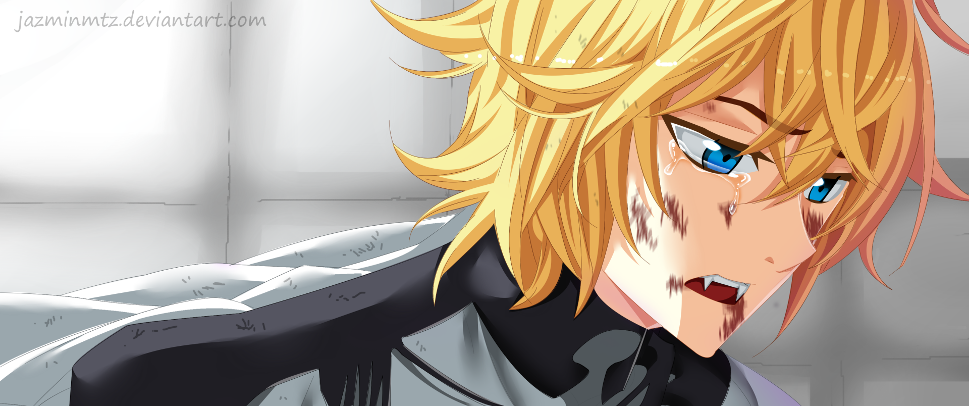 HD PC desktop wallpaper featuring Mikaela Hyakuya from the anime Seraph of the End, showcasing his intense expression and detailed blonde hair.