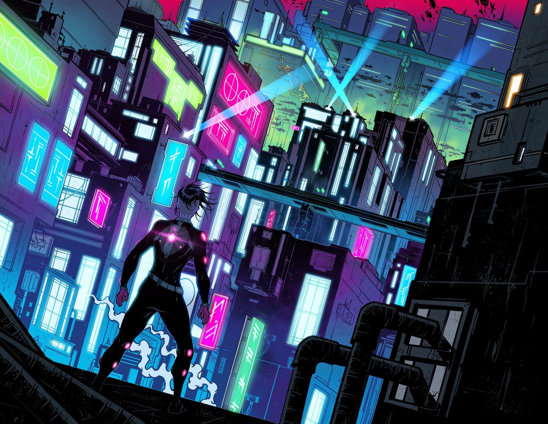 A vibrant cyberpunk cityscape at night with neon signs and futuristic buildings, featuring a lone figure overlooking the bustling urban scene in this HD sci-fi desktop wallpaper.