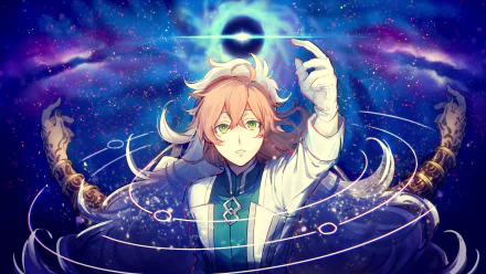 HD PC desktop wallpaper featuring Solomon from Fate/Grand Order, depicted in anime style with cosmic and magical elements surrounding him.