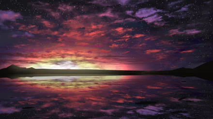 HD anime-styled desktop wallpaper featuring a vibrant sunset reflected on a serene lake, creating a stunning and colorful landscape.