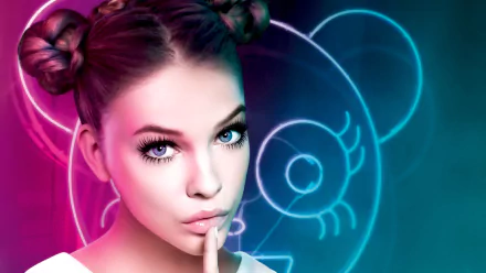 Close-up digital portrait of Hungarian celebrity Barbara Palvin with heterochromia, styled hair buns, and vibrant neon background in 4K Ultra HD.