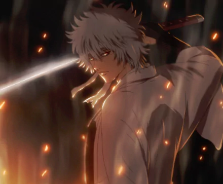 HD anime wallpaper featuring Gintoki Sakata from Gintama, depicted with glowing embers and a sword in a dramatic, intense scene.