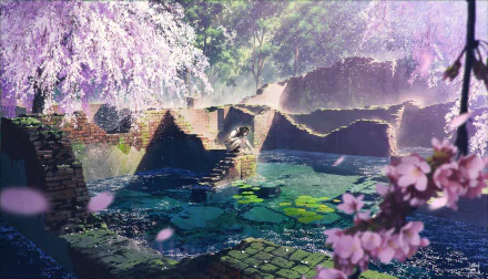 HD wallpaper of an anime-style scene with a character by a pond surrounded by cherry blossoms, lily pads, and ancient stone structures.