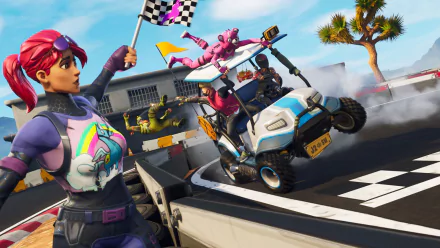 HD desktop wallpaper of Fortnite Battle Royale featuring vibrant characters racing in golf carts.