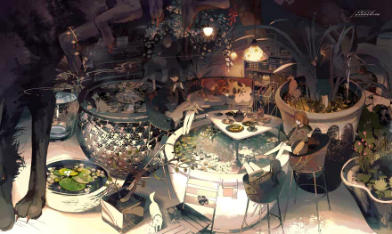 Anime HD desktop wallpaper with a serene garden scene featuring characters with short and long hair, a teapot, tea cups, lily pads, and a dog. Intricate details include black and brown eyes and elaborate foliage.