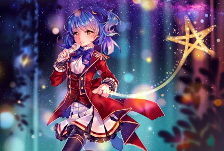 Anime-style original HD PC desktop wallpaper featuring a blue-haired character in a red coat holding a glowing star wand against a colorful, dreamy background.