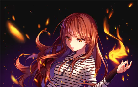 Anime character with long brown hair and brown eyes, surrounded by flames. The artwork features vibrant fire effects and is presented as an HD desktop wallpaper and background.