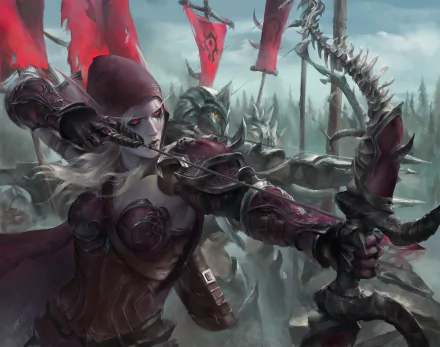 HD desktop wallpaper featuring Sylvanas Windrunner, an elf archer and woman warrior from the video game World of Warcraft, wielding a bow amid a battle scene with red banners in the background.