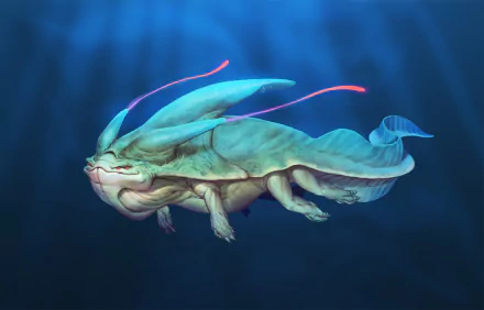 HD PC desktop wallpaper of an underwater fantasy sea monster: a blue-green, catlike creature with fins and long whisker tendrils gliding through sunlit deep water.