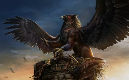 A fantasy griffin with expansive wings perches atop a stone structure holding a skull, set against a dramatic sky, rendered as a HD PC desktop wallpaper background.