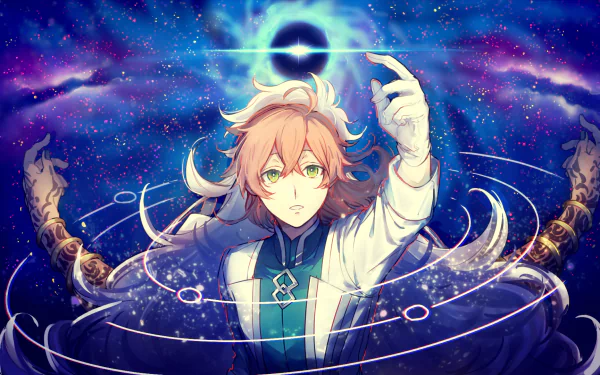 HD PC desktop wallpaper featuring Solomon from Fate/Grand Order, depicted in anime style with cosmic and magical elements surrounding him.