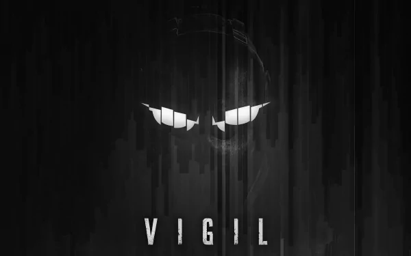 HD minimalist desktop wallpaper featuring Vigil from Tom Clancy's Rainbow Six: Siege. The dark background accentuates Vigil's iconic white mask and the title VIGIL at the bottom.