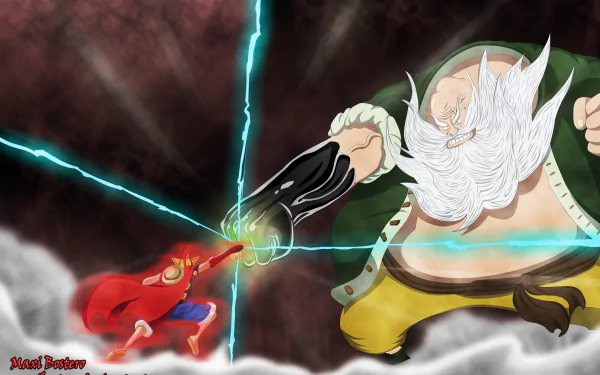 HD PC wallpaper featuring One Piece characters Chinjao and Monkey D. Luffy in an intense anime battle scene with dynamic lightning effects.