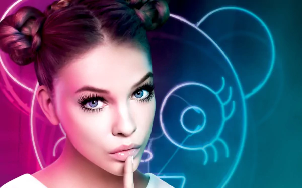 Close-up digital portrait of Hungarian celebrity Barbara Palvin with heterochromia, styled hair buns, and vibrant neon background in 4K Ultra HD.