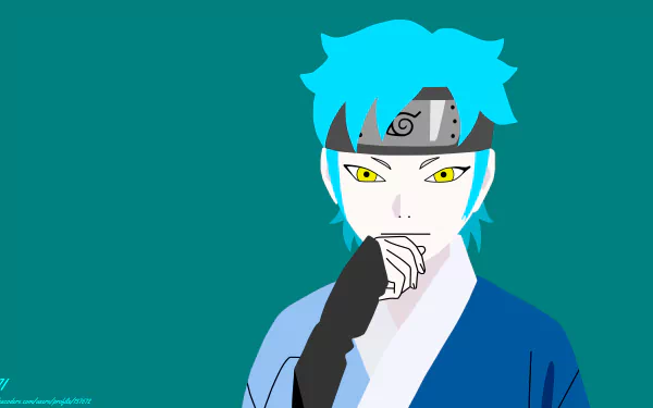 Minimalist 8K Ultra HD anime wallpaper featuring Mitsuki from Boruto with bright blue hair and striking yellow eyes against a solid teal background.