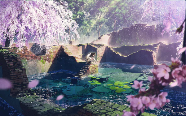 HD wallpaper of an anime-style scene with a character by a pond surrounded by cherry blossoms, lily pads, and ancient stone structures.
