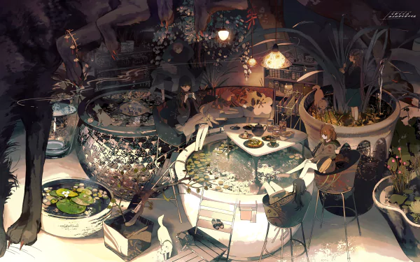 Anime HD desktop wallpaper with a serene garden scene featuring characters with short and long hair, a teapot, tea cups, lily pads, and a dog. Intricate details include black and brown eyes and elaborate foliage.