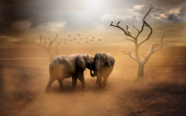 HD wallpaper of two African elephants near a dead tree in a manipulated, dusty landscape with birds flying in the background.