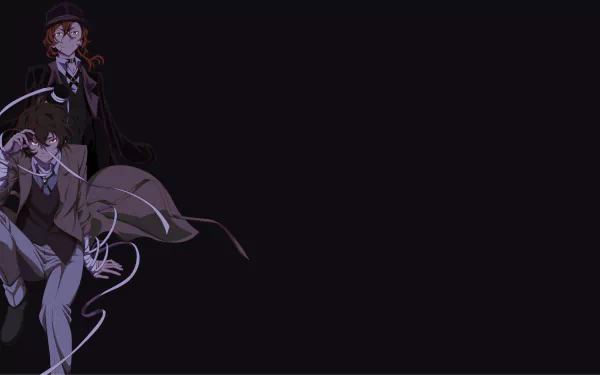 4K Ultra HD wallpaper featuring Osamu Dazai and Chuuya Nakahara from the anime Bungou Stray Dogs with a dark, minimalist background.