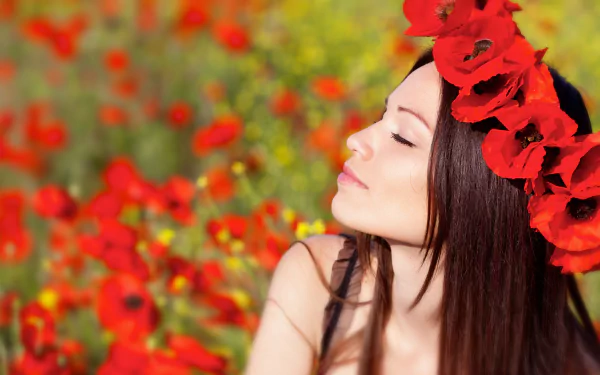 black hair red flower wreath model woman mood HD Desktop Wallpaper | Background Image