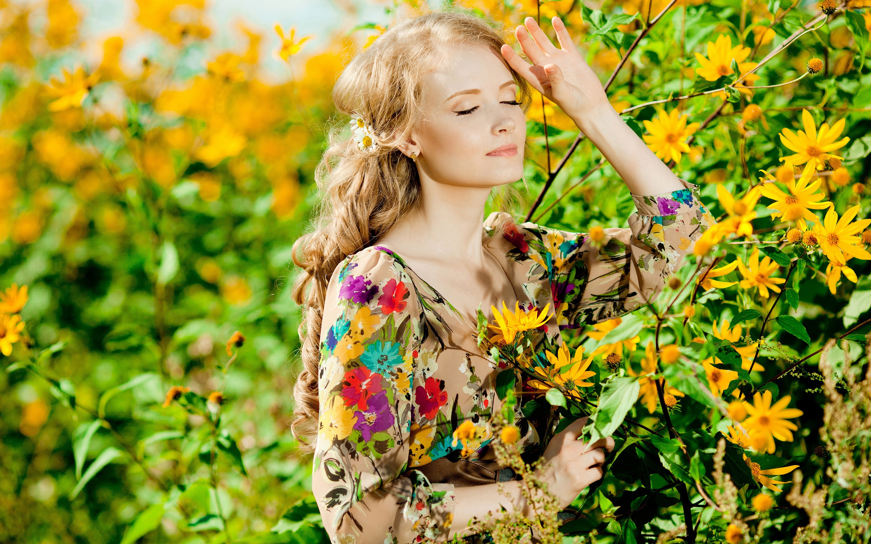 Download Yellow Flower Long Hair Blonde Model Woman Mood HD Wallpaper