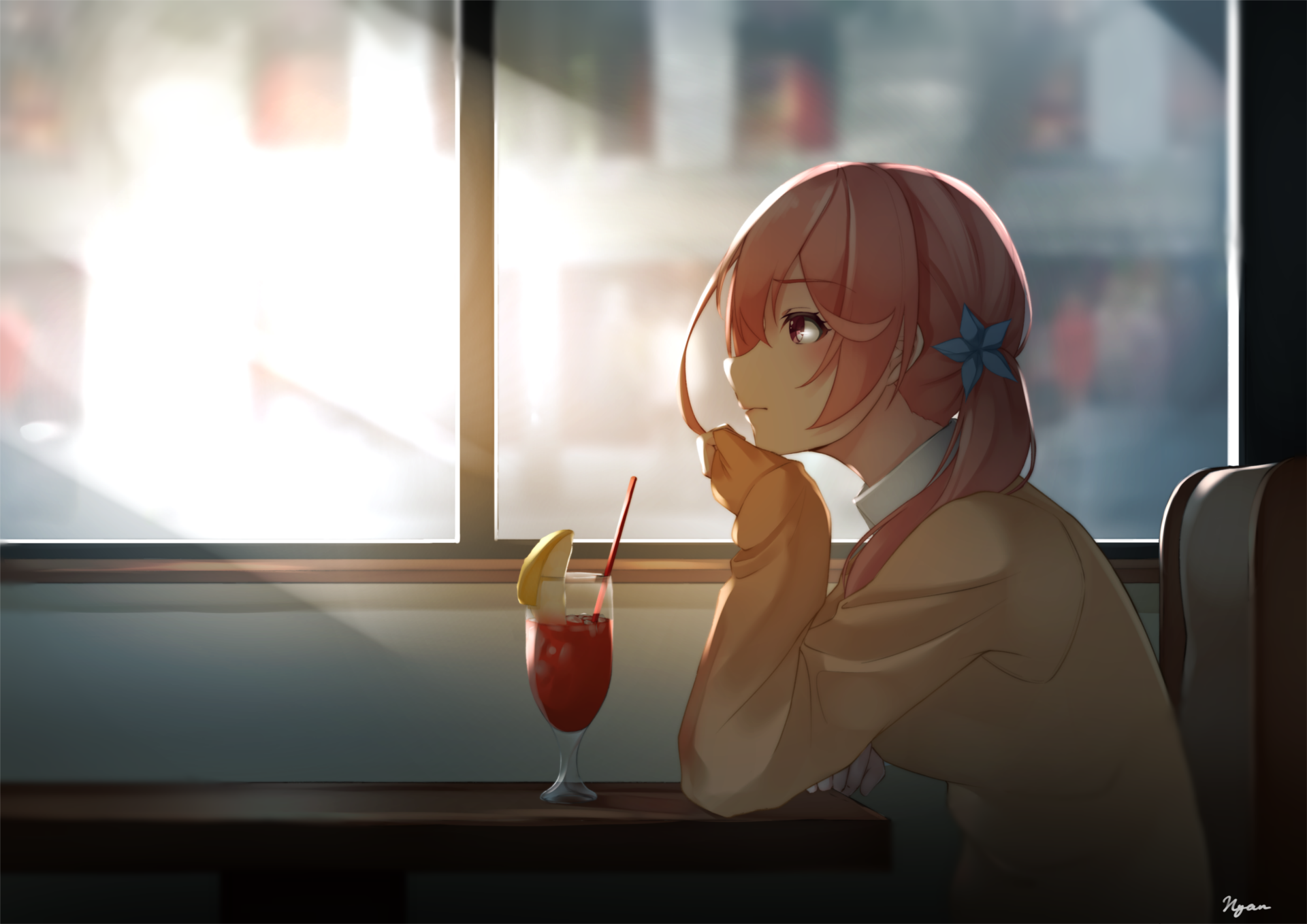 Futaba Kitakami, an anime virtual YouTuber, gazes thoughtfully out a window with soft sunlight illuminating her in this HD PC desktop wallpaper.