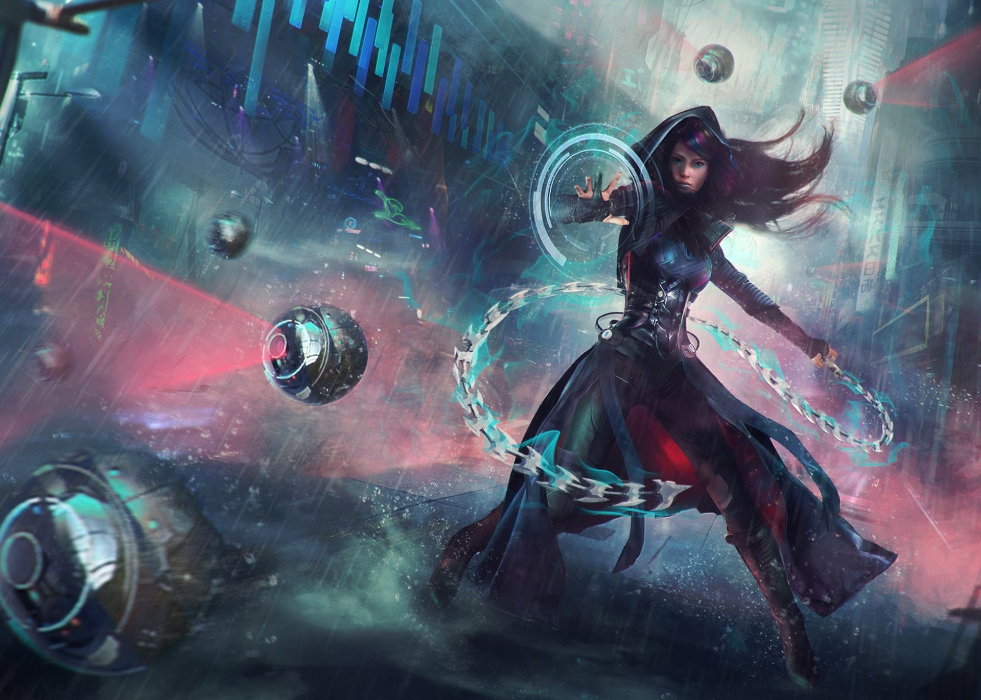 Sci-fi HD desktop wallpaper of a hooded woman warrior wielding glowing chains in a futuristic, stormy environment with floating drones and neon lights.