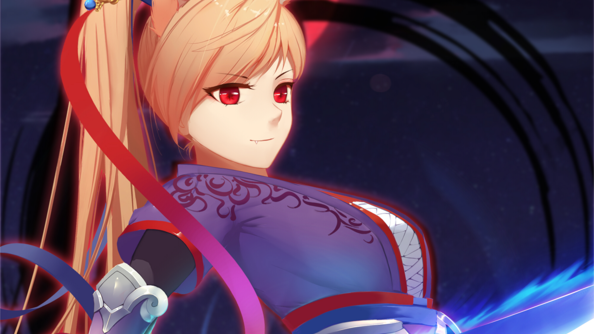 HD anime desktop wallpaper featuring an original smiling blonde character with red eyes, dressed in detailed attire against a dark, dynamic background.