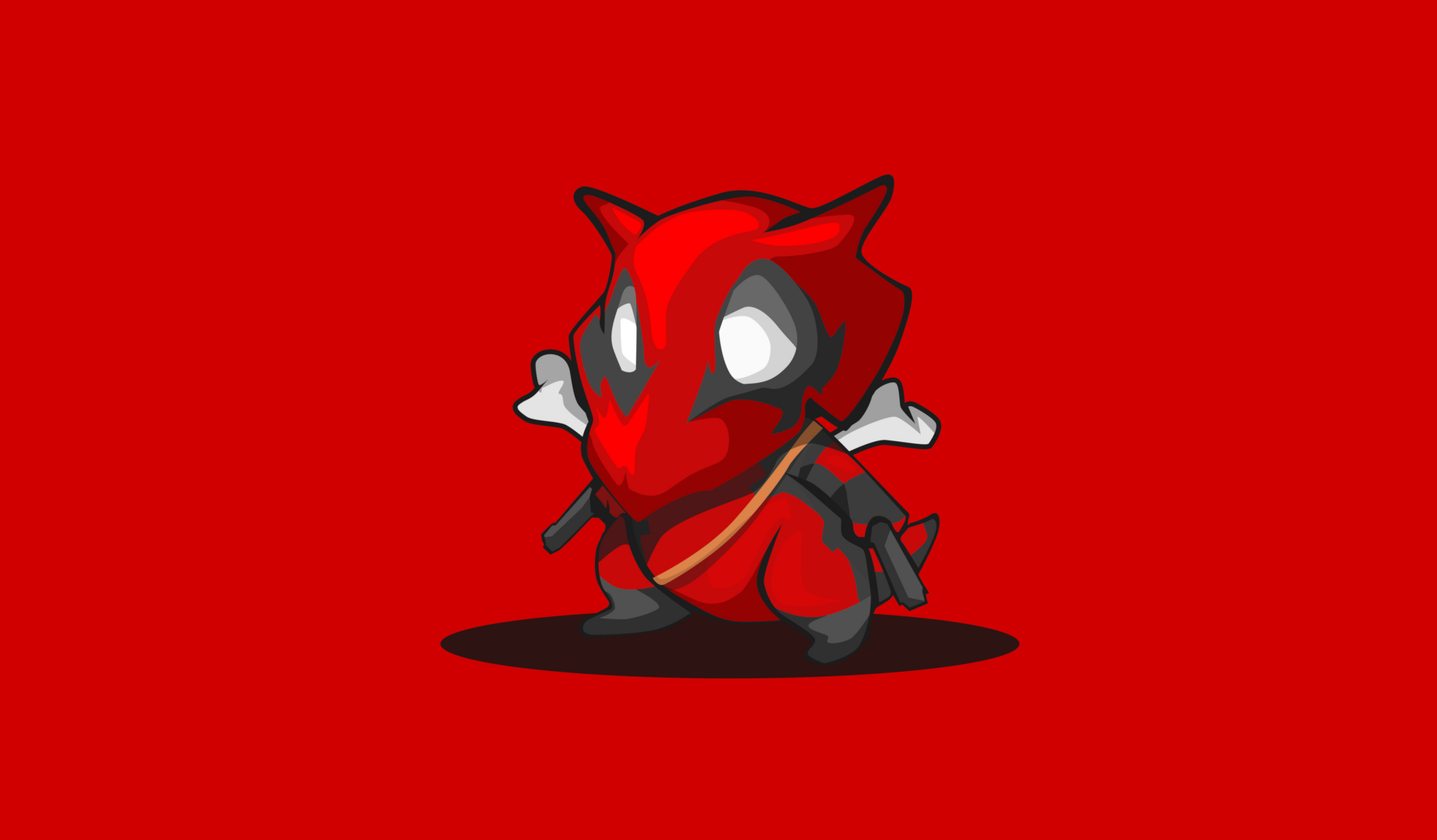 Chibi-style Deadpool dressed as Cubone from Pokémon, set against a red background in a vibrant 4K Ultra HD anime-inspired PC desktop wallpaper.