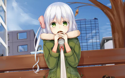 Anime-style HD original desktop wallpaper depicting a white-haired girl with green eyes in a green coat sipping a drink on a wooden bench in an urban park setting.