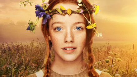 HD PC desktop wallpaper featuring a close-up of Anne from the TV show Anne with an E, wearing a floral crown against a golden field backdrop at sunset.