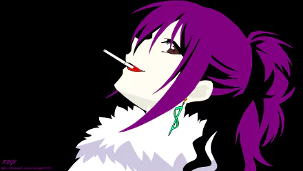 Minimalist anime wallpaper of Hana Kirisaki from Nisekoi: purple hair, brown eyes, green earring, red lips and cigarette; 8K Ultra HD PC desktop background.