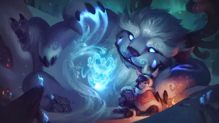 A vibrant 8K Ultra HD wallpaper featuring Nunu from League of Legends, showcasing the character and his giant companion in a magical snowy landscape.