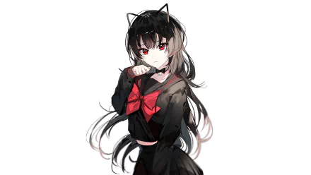 HD desktop wallpaper featuring an original anime character with long dark hair, cat ears, and red eyes, wearing a black outfit with a red bow.