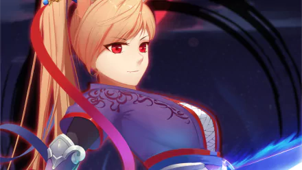 HD anime desktop wallpaper featuring an original smiling blonde character with red eyes, dressed in detailed attire against a dark, dynamic background.