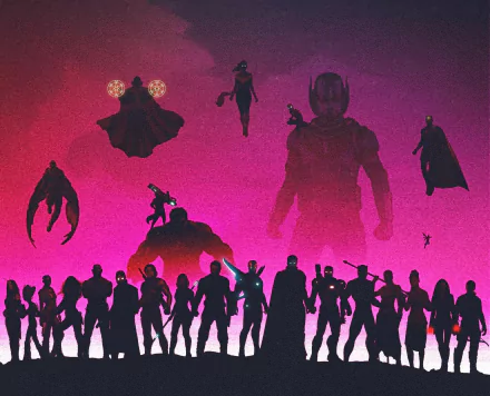 HD PC desktop wallpaper featuring Thor and other Avengers from the movie Avengers: Infinity War against a vibrant pink and red background.