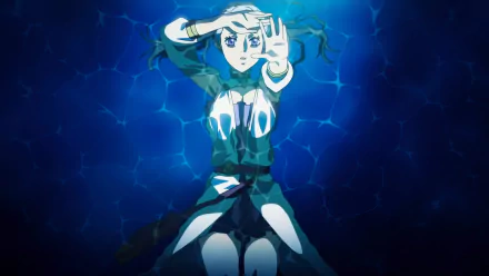 HD desktop wallpaper featuring Noelle Silva from Black Clover with striking purple eyes, set against a dynamic blue background.