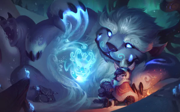 A vibrant 8K Ultra HD wallpaper featuring Nunu from League of Legends, showcasing the character and his giant companion in a magical snowy landscape.