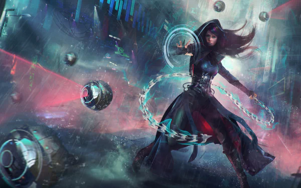 Sci-fi HD desktop wallpaper of a hooded woman warrior wielding glowing chains in a futuristic, stormy environment with floating drones and neon lights.